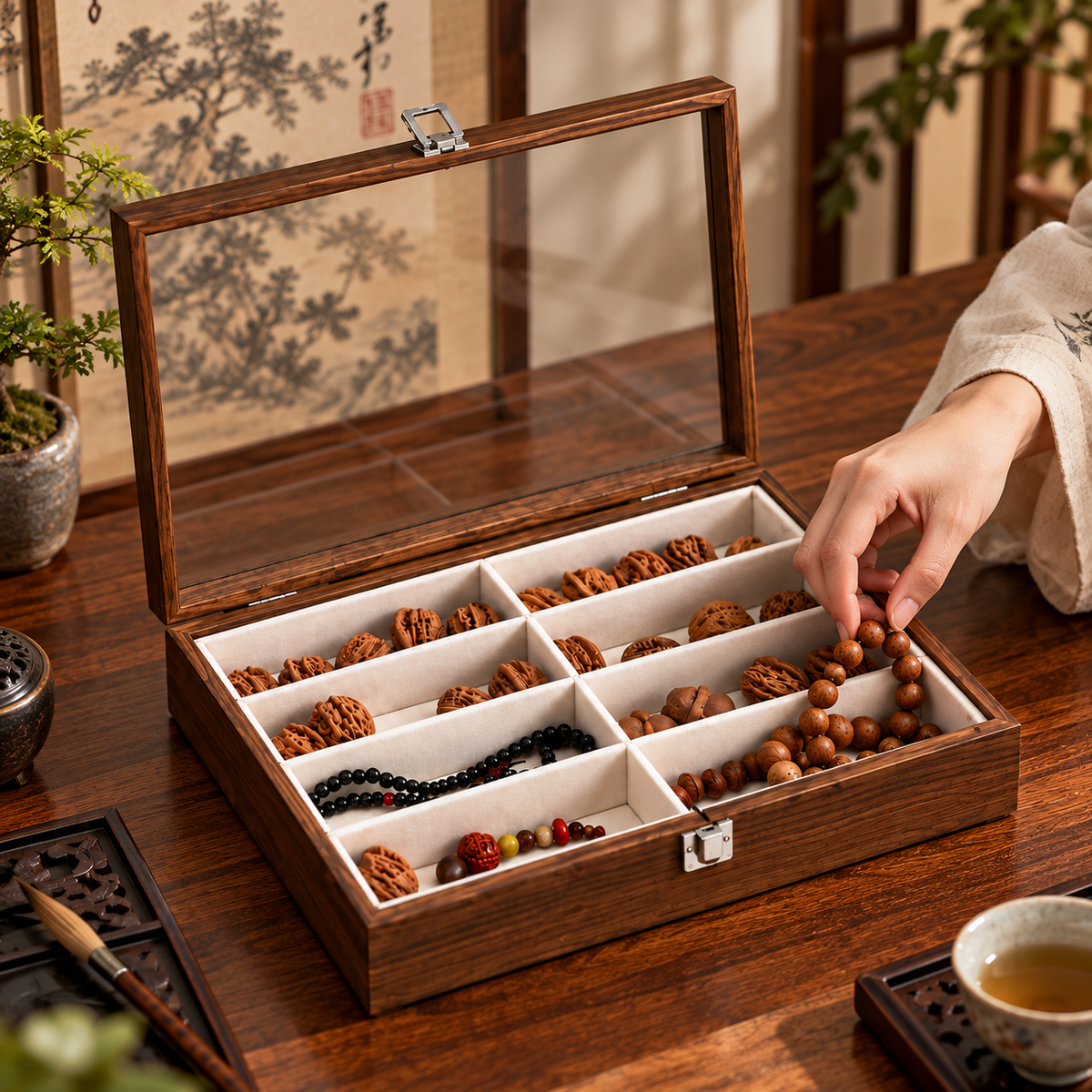 walnut 8 grid jewelry box
glass lid dustproof organizer
bead bracelet necklace storage case
heightened wood jewelry box
wholesale jewelry display case
