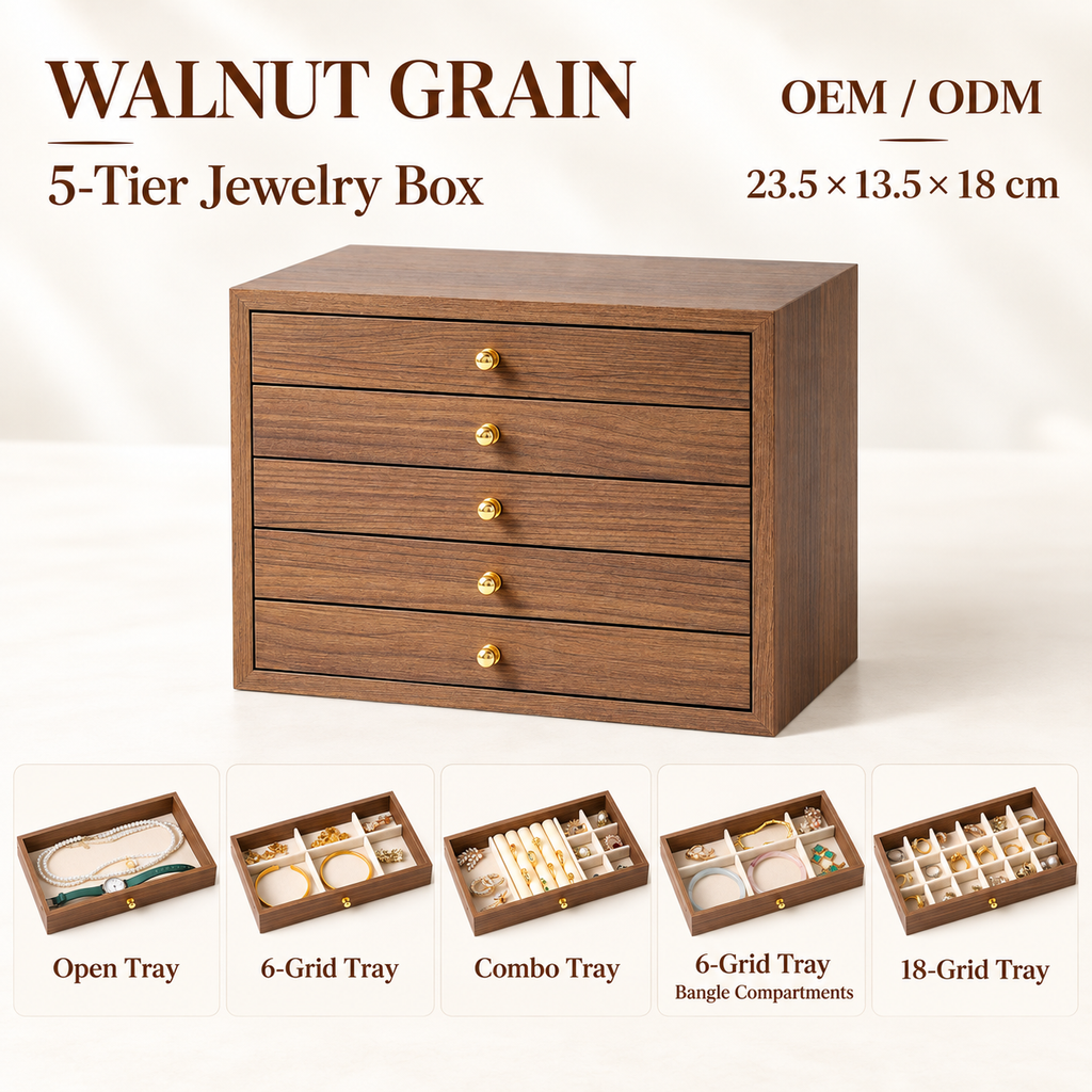 walnut wood 5 tier shelf
tall wooden organizer
cosmetic storage rack
vanity jewelry shelf
wood display rack