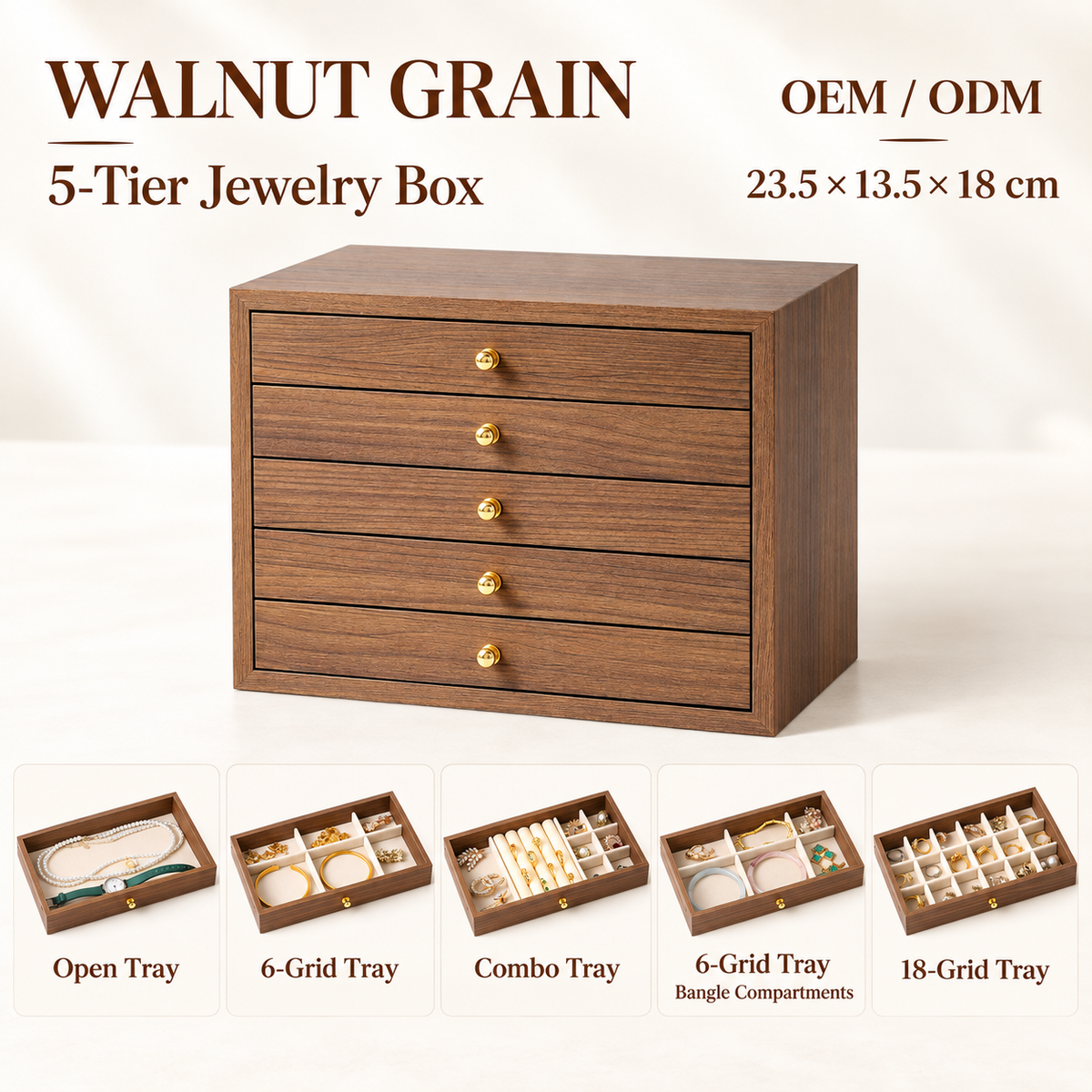 walnut wood 5 tier shelf
tall wooden organizer
cosmetic storage rack
vanity jewelry shelf
wood display rack
