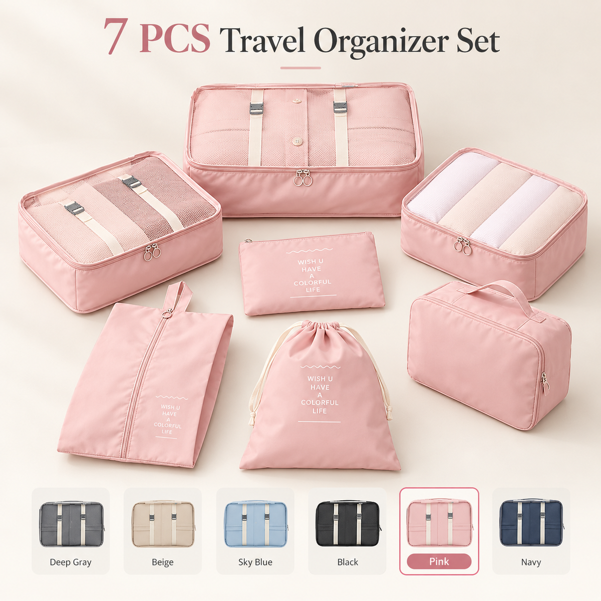foldable packing cubes 7 piece
travel luggage organizer pink
collapsible suitcase bags
lightweight packing cubes