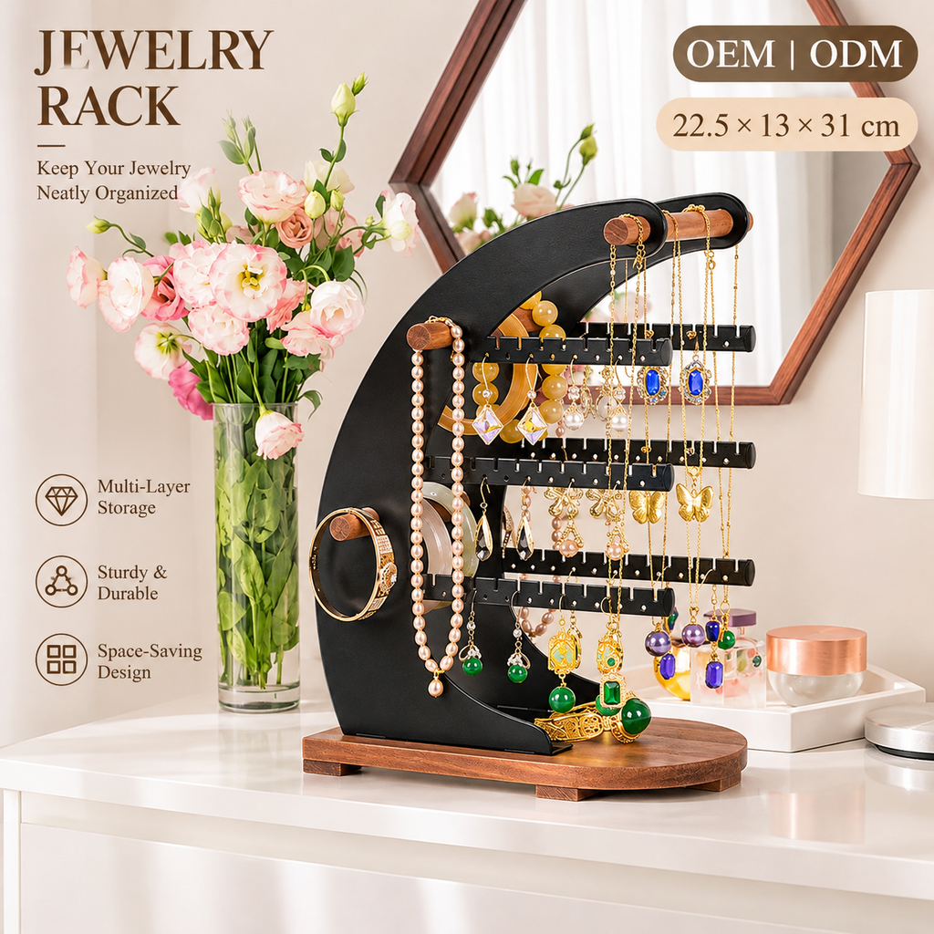 crescent shaped jewelry organizer stand
moon jewelry rack multi tier
black metal earring necklace holder
wood base jewelry display
wholesale jewelry organizer

