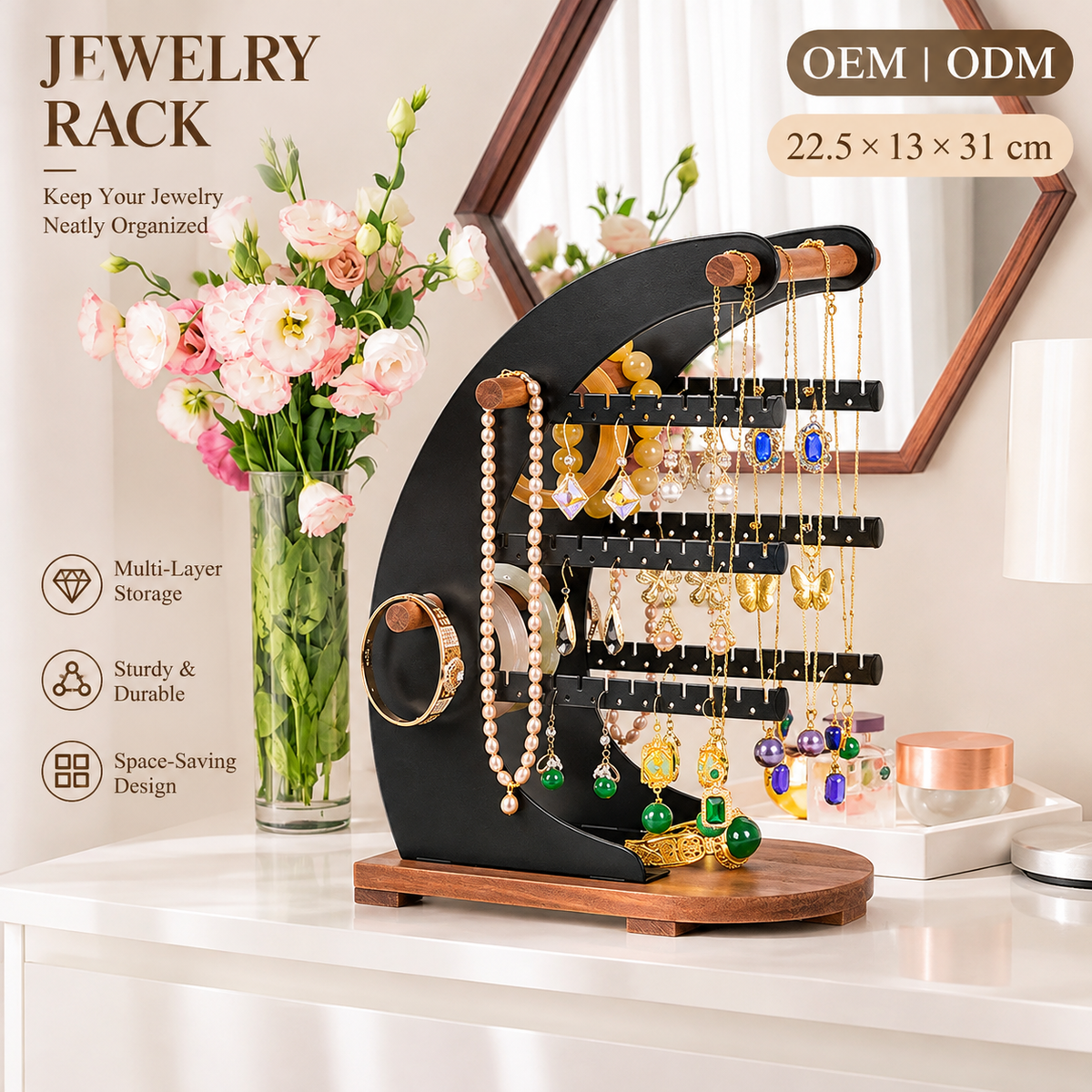 crescent shaped jewelry organizer stand
moon jewelry rack multi tier
black metal earring necklace holder
wood base jewelry display
wholesale jewelry organizer
