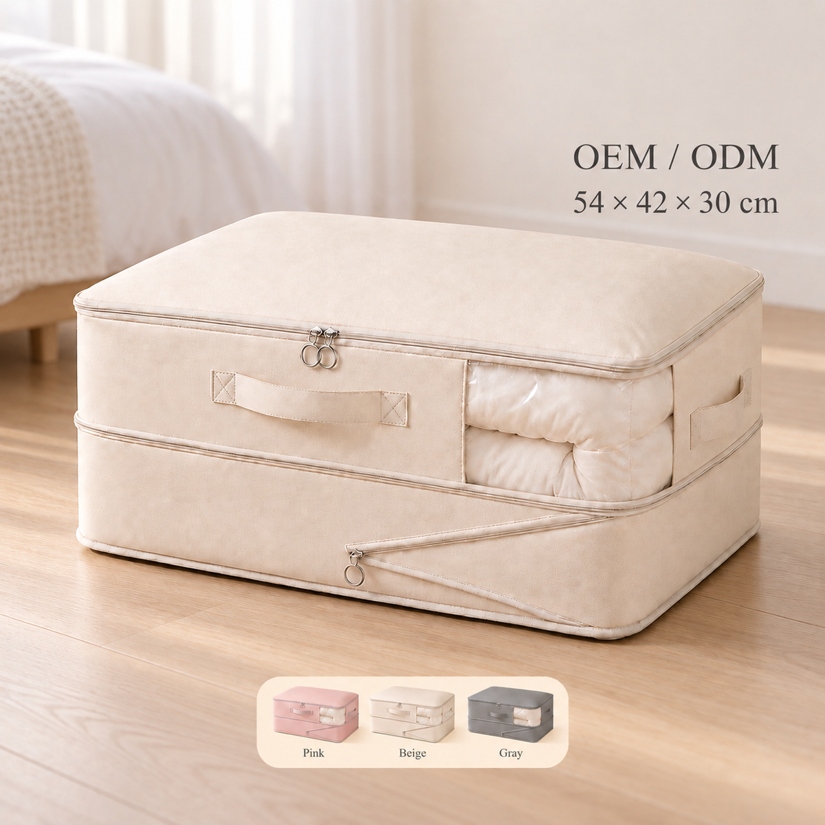 Gray compression quilt storage bag made from 150 gsm twill fabric, with a clear front window and carry handles, shown expanded to 54 × 42 × 30 cm