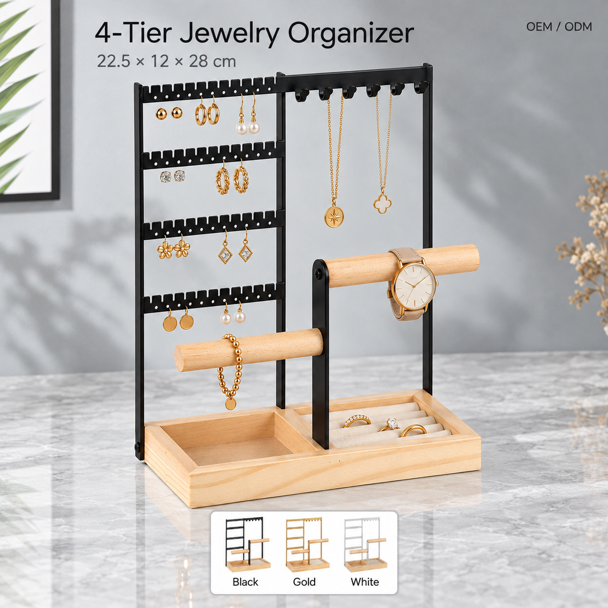 4 tier jewelry organizer stand
earring necklace display rack
dual t bar bracelet watch holder
wood tray jewelry organizer
tabletop jewelry stand