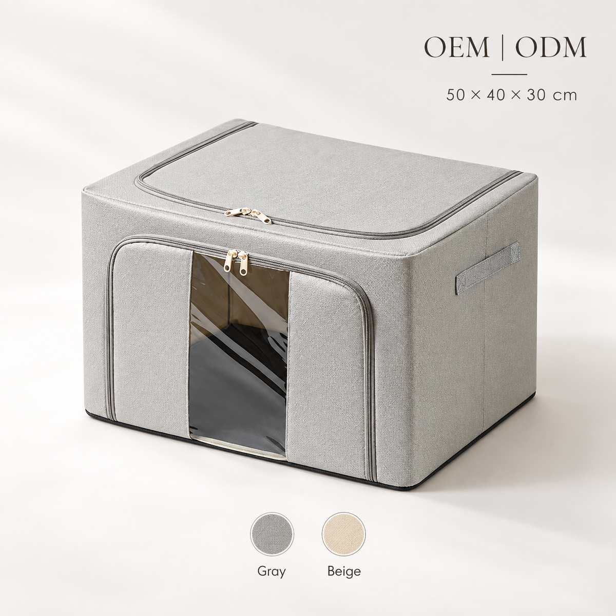 Gray 66L 600D Oxford fabric storage box with clear front window, dual zippers, and side handles, 50 × 40 × 33 cm