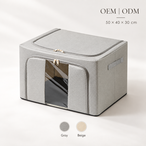 Gray 66L 600D Oxford fabric storage box with clear front window, dual zippers, and side handles, 50 × 40 × 33 cm