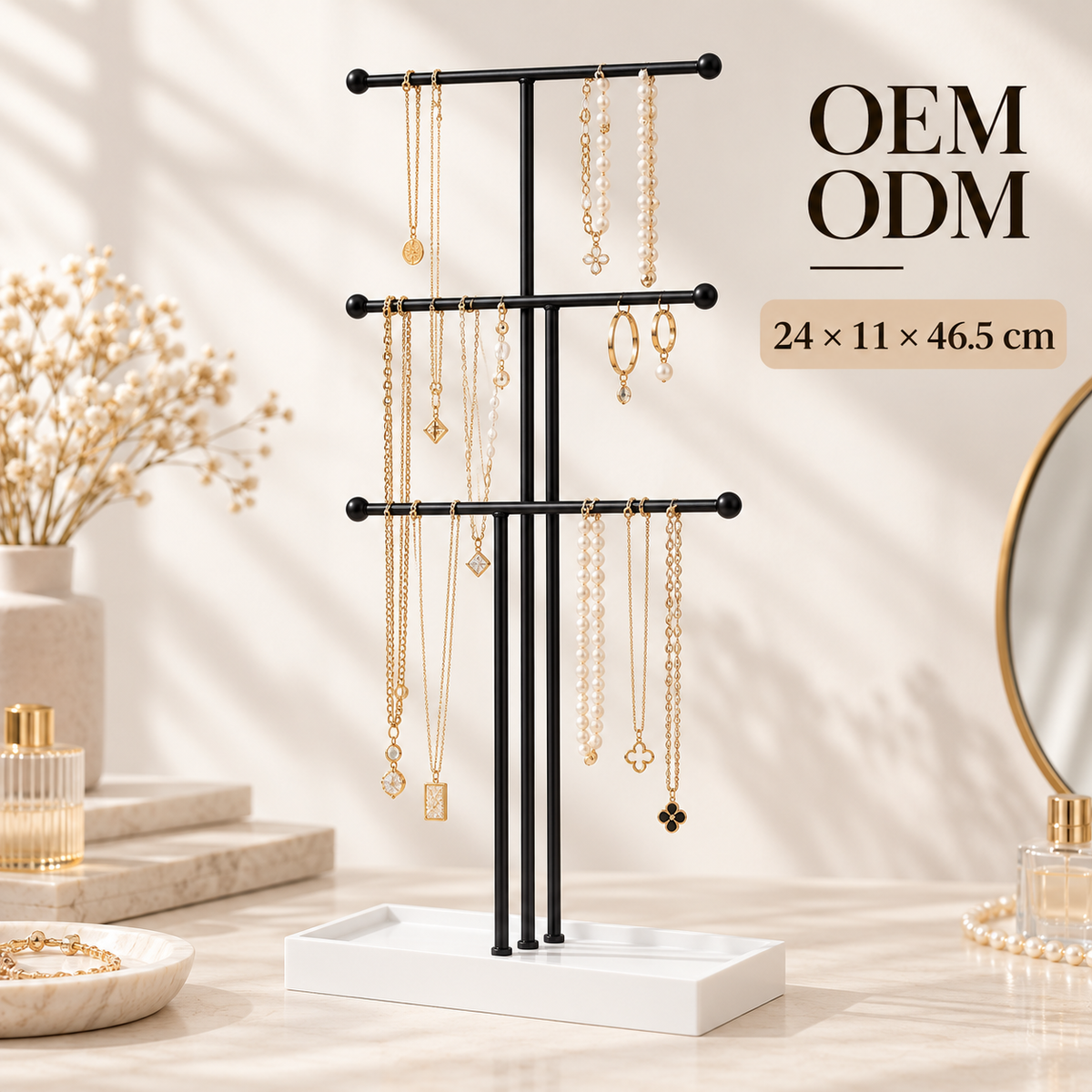 3 tier necklace stand
black jewelry display organizer
metal necklace holder with tray
tabletop jewelry stand
bracelet earring holder
white mdf base jewelry stand