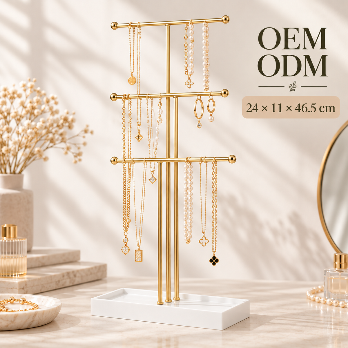 3 tier gold necklace stand
jewelry display organizer
gold metal necklace holder with tray
tabletop jewelry stand
bracelet earring holder
white mdf base jewelry stand

