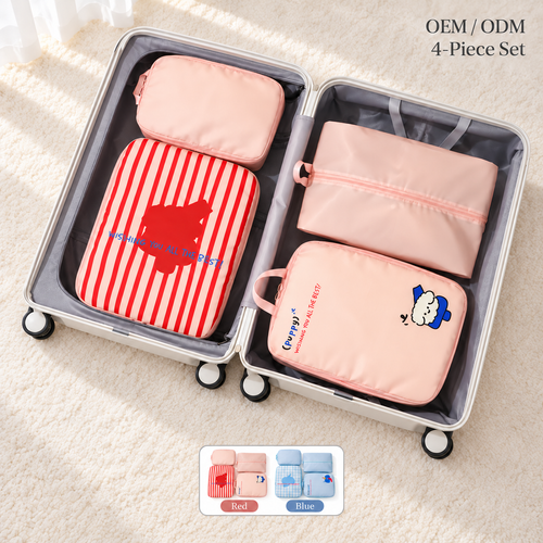 4 piece travel organizer set
foldable packing cubes red stripe
luggage shoe bag organizer
hanging clothes storage pouch
travel underwear organizer