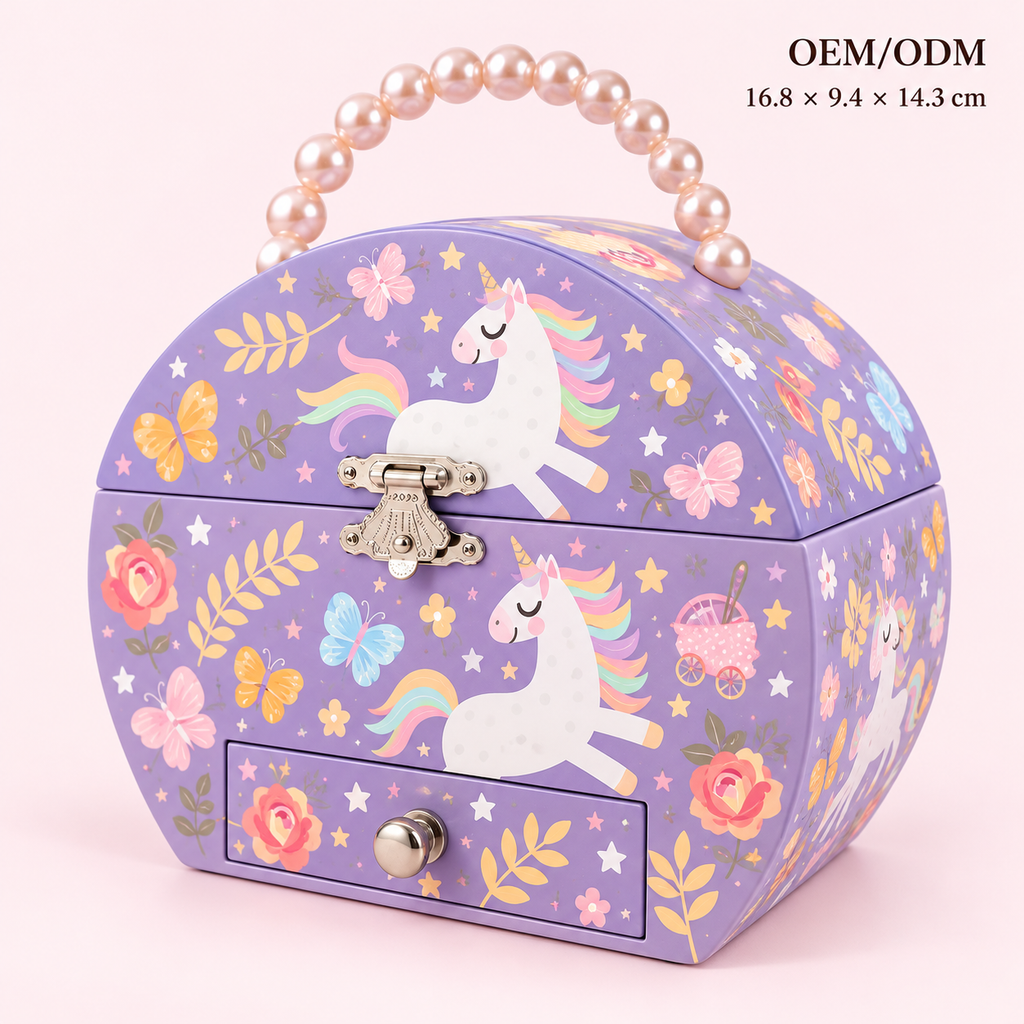 handbag shaped musical jewelry box
pearl handle unicorn music box with drawer
spinning dancer portable keepsake
purple girls jewelry case
kids birthday gift music box
