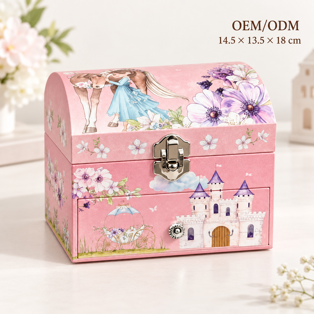 tiered arched musical jewelry box
pink princess castle music box
pony pumpkin carriage keepsake
spinning dancer single drawer
kids birthday gift music box
