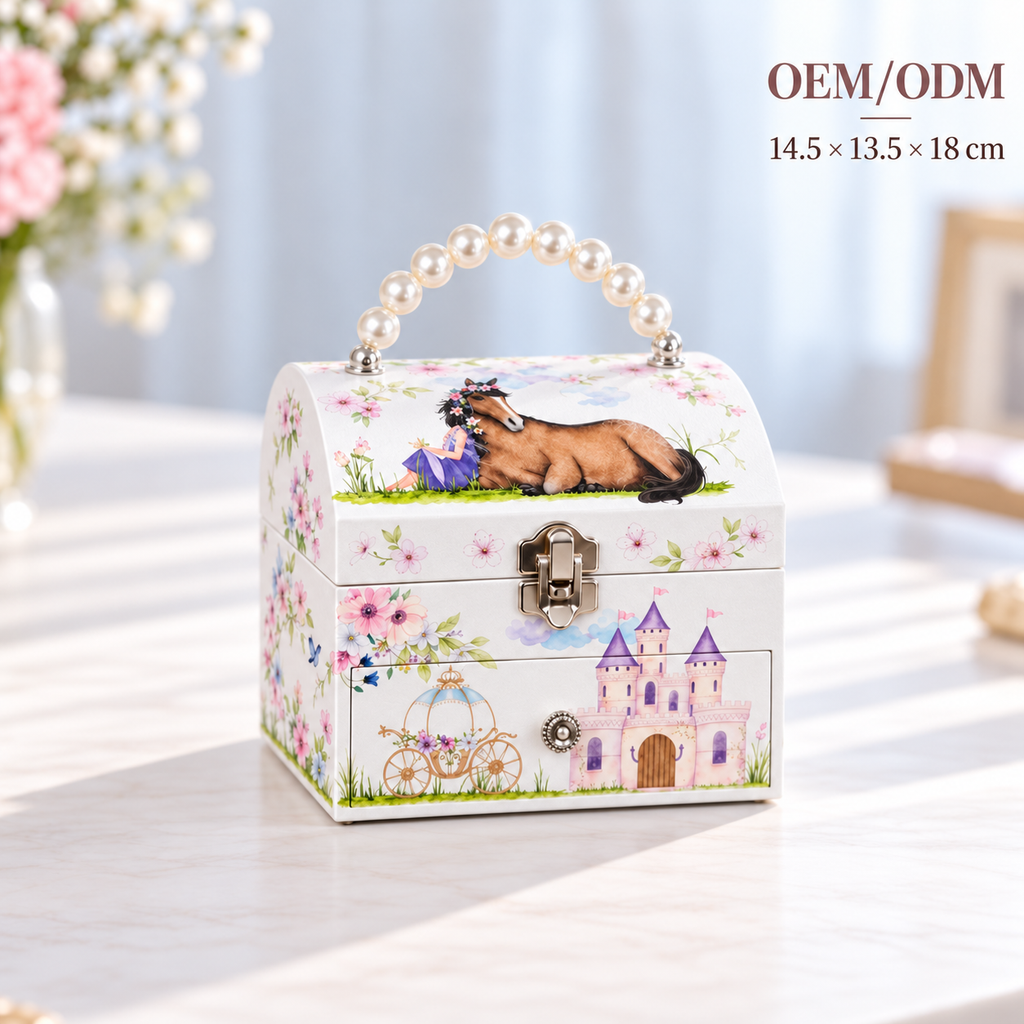 Custom Tiered Arched Musical Jewelry Box with Pearl Handle for Girls, White Wooden Music Box with Spinning Dancer and Single Drawer, Pony Castle Portable Keepsake Case