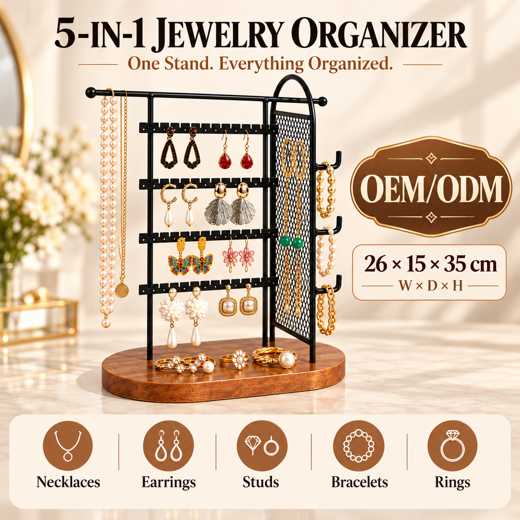 5 in 1 jewelry organizer stand
metal wire mesh earring rack
necklace bracelet ring holder
detachable wood base jewelry stand
countertop vanity jewelry display
