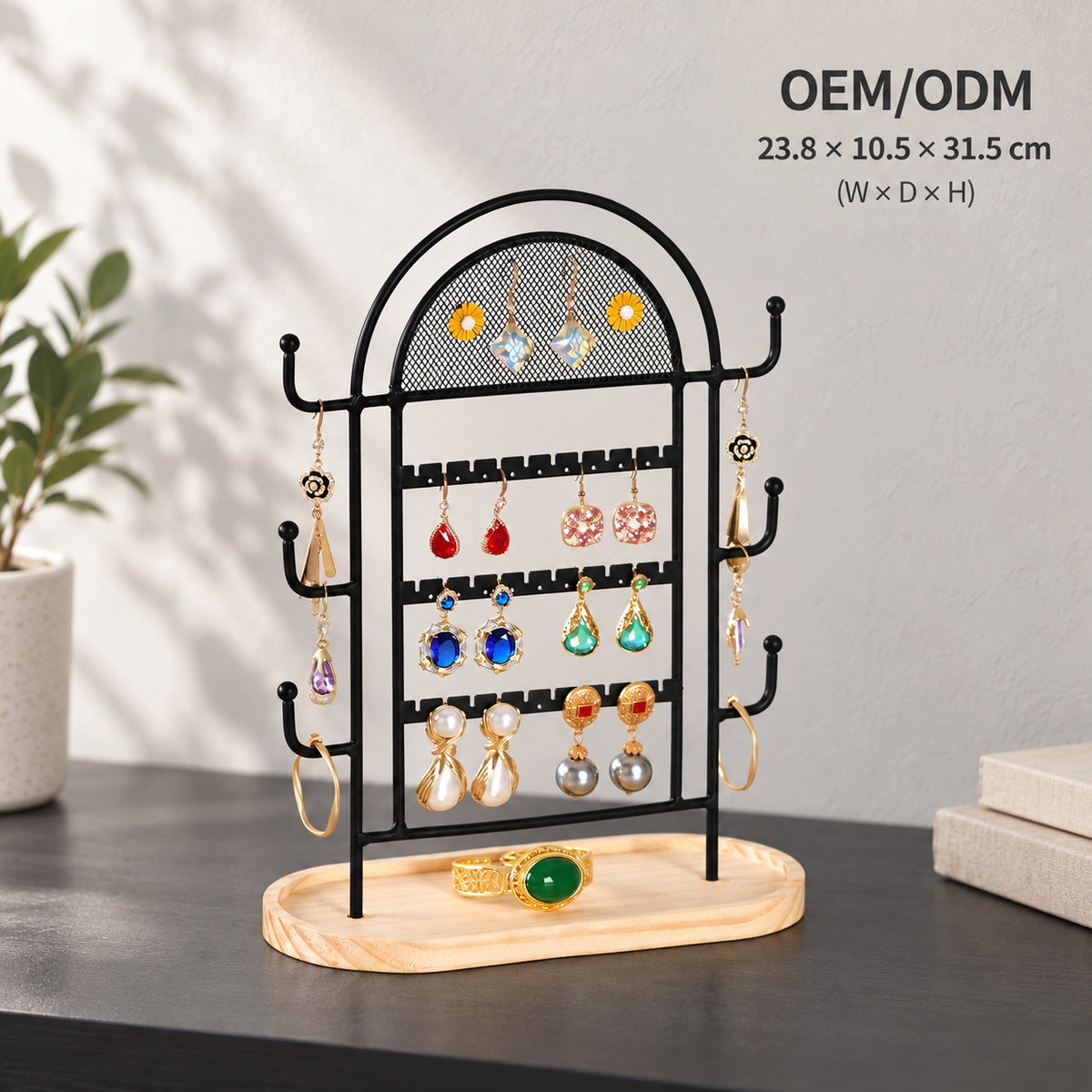 arch shaped jewelry organizer
black metal earring necklace stand
wood tray jewelry holder
tabletop jewelry display rack
wholesale jewelry stand
