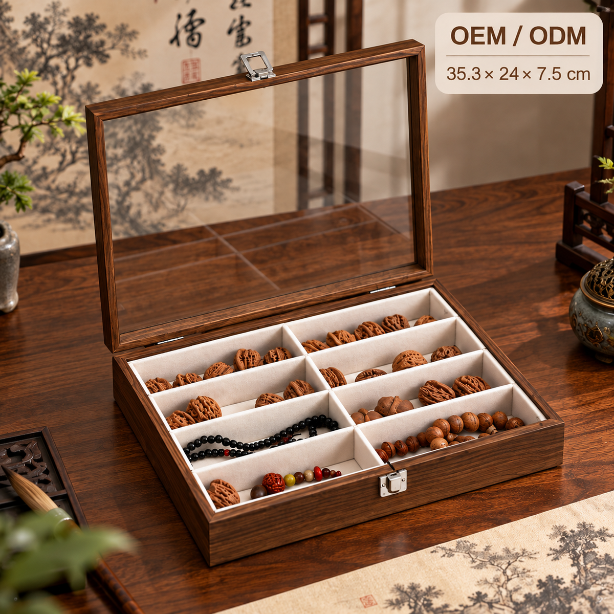 walnut 8 grid jewelry box
glass lid dustproof organizer
bead bracelet necklace storage case
heightened wood jewelry box
wholesale jewelry display case
