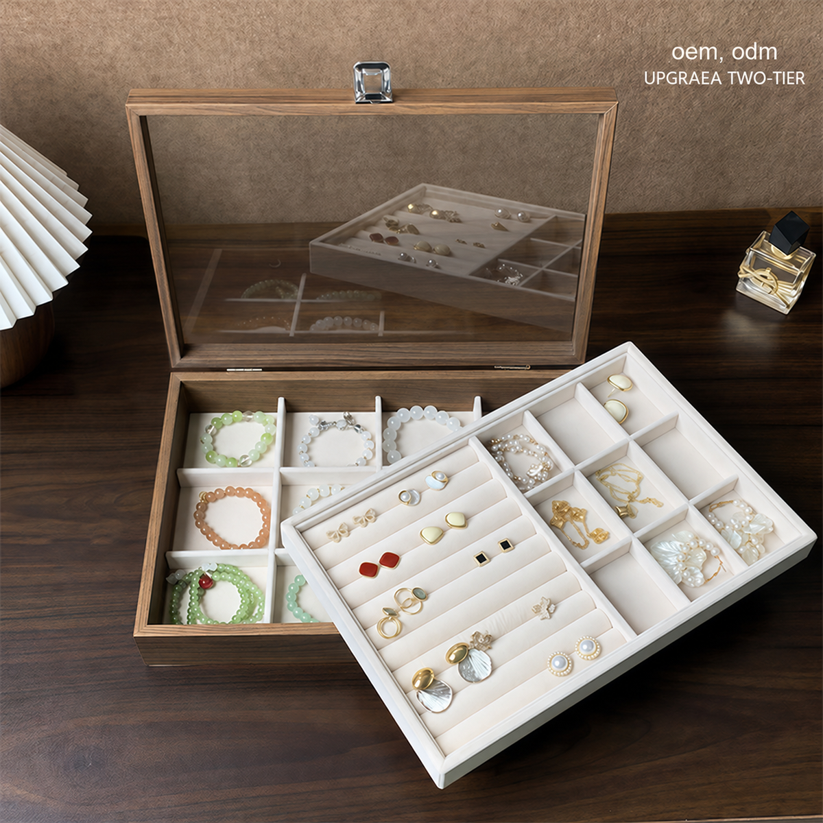 walnut 2 layer jewelry box
glass lid dustproof jewelry case
earring necklace bracelet organizer
vintage wood jewelry box
wholesale jewelry storage
