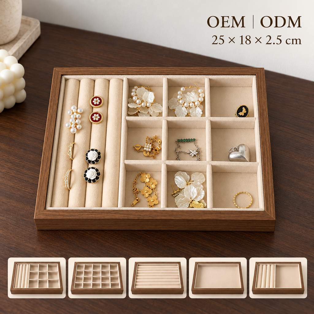 walnut wood velvet jewelry tray
large ring earring display organizer
necklace bracelet showcase tray
jewelry storage tray for vanity
wholesale jewelry display tray
