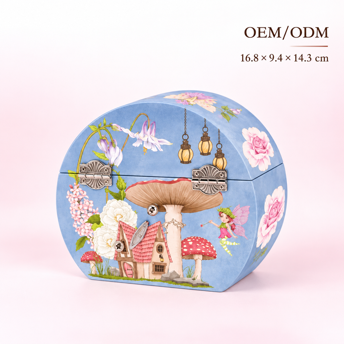 Custom Handbag-Shaped Musical Jewelry Box for Girls, Blue Wooden Music Box with Spinning Dancer, Fairy Mushroom Cottage Portable Keepsake Case