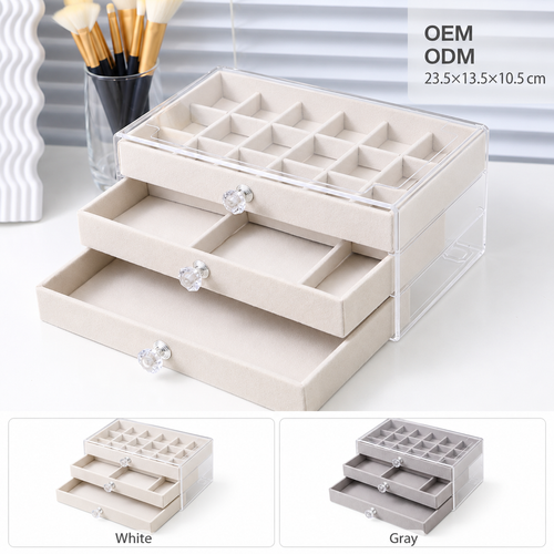 3 drawer jewelry box
18 grid ring organizer
velvet earring box
clear acrylic jewelry case
ring storage box