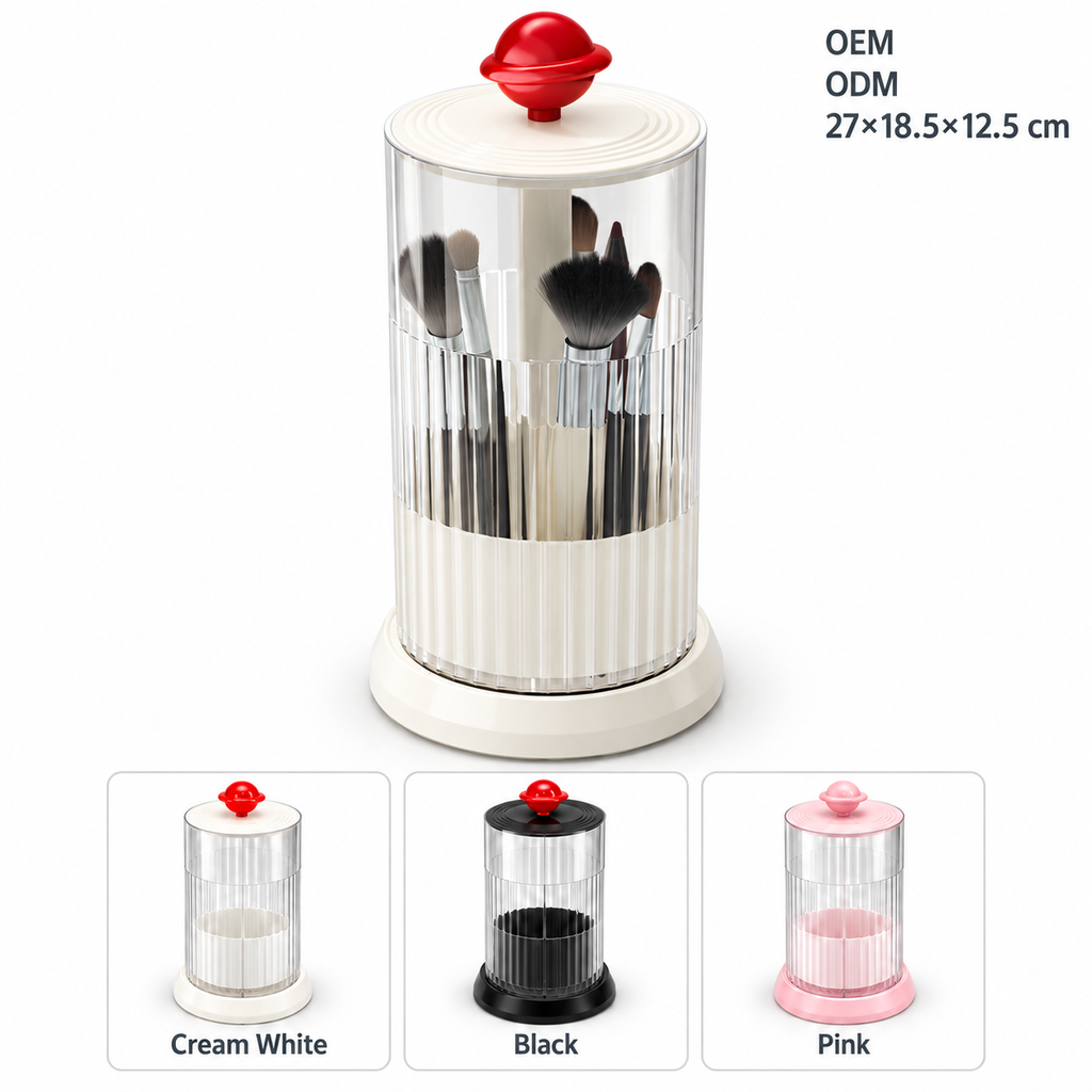 rotating makeup brush holder
press open cosmetic organizer
white makeup brush cup
vanity brush holder 360
bathroom toothbrush holder