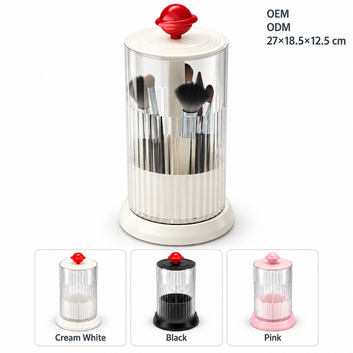 rotating makeup brush holder
press open cosmetic organizer
white makeup brush cup
vanity brush holder 360
bathroom toothbrush holder