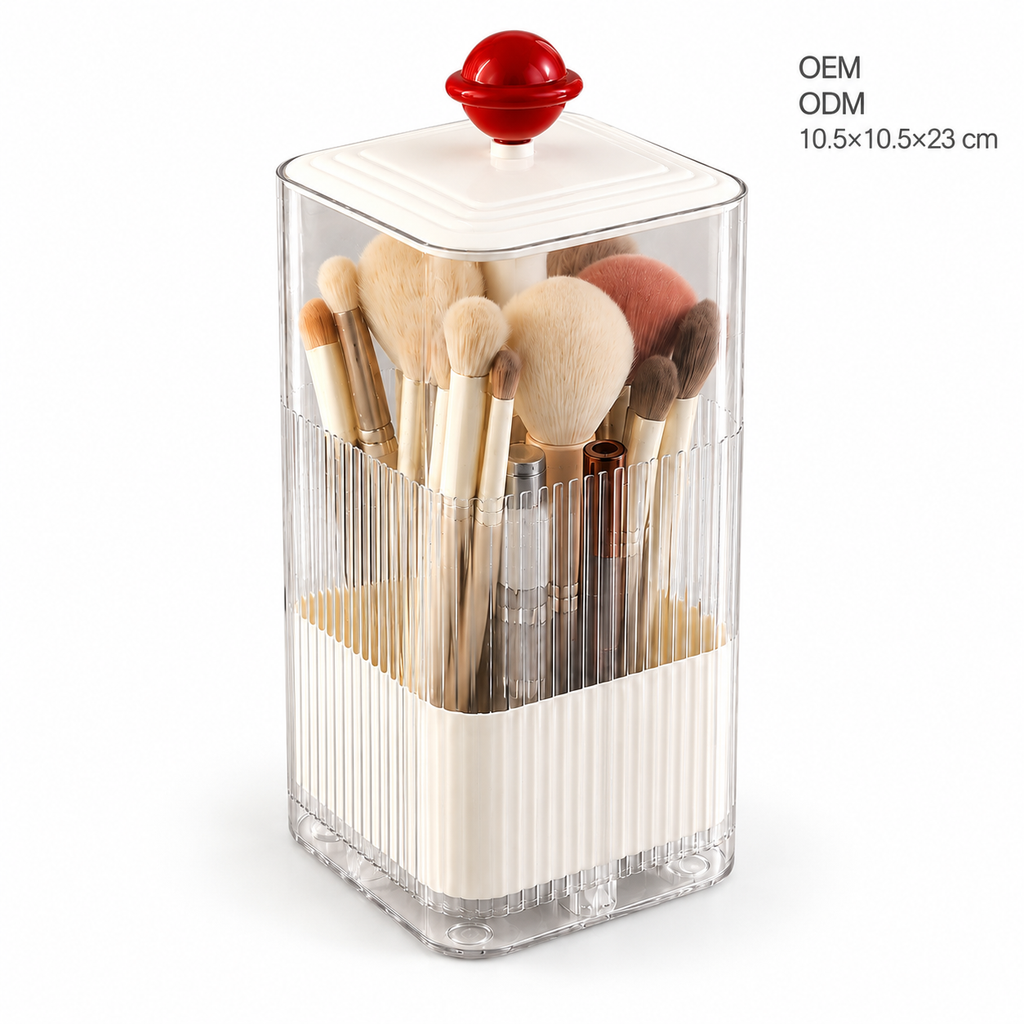 square makeup brush holder
press open cosmetic box
white makeup brush cup red ball
vanity organizer
bathroom toothbrush cup