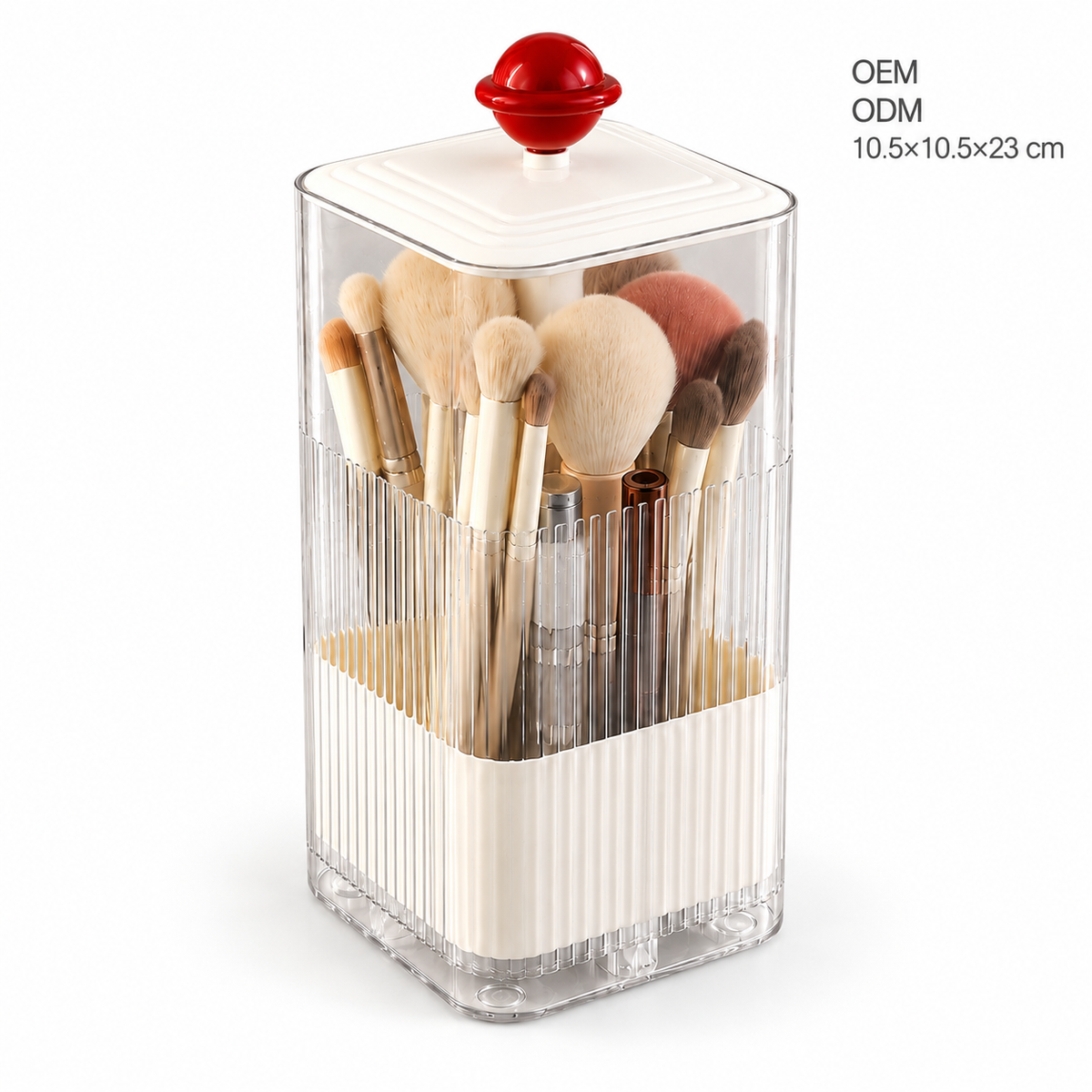 square makeup brush holder
press open cosmetic box
white makeup brush cup red ball
vanity organizer
bathroom toothbrush cup