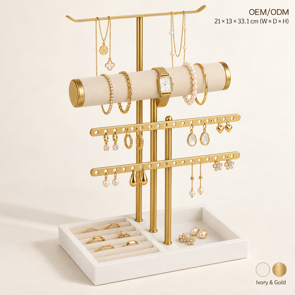 5 in 1 gold jewelry organizer stand
velvet t bar bracelet watch holder
earring necklace display rack
ring tray jewelry stand
wholesale luxury jewelry display
