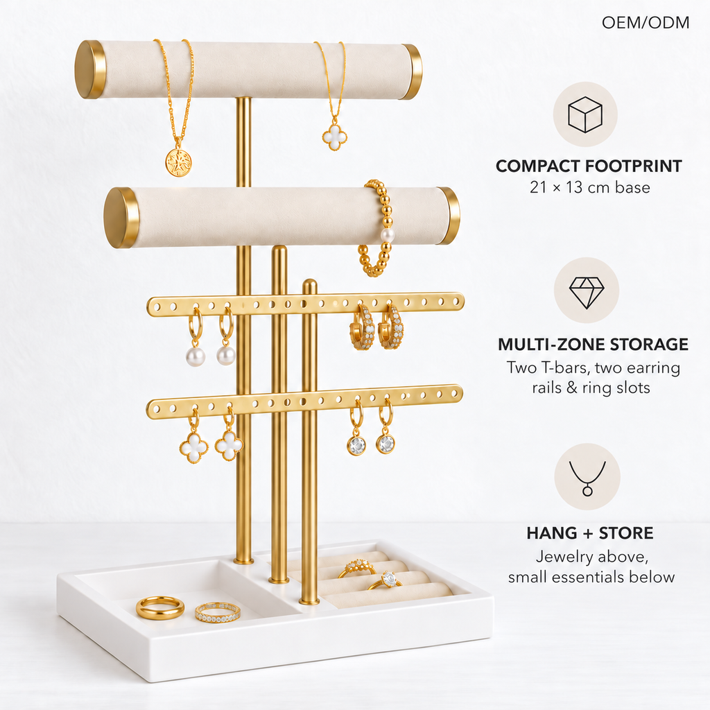 Custom Luxury 2-Tier Velvet T-Bar Jewelry Organizer Stand, Gold Metal Earring Bracelet Watch Necklace Holder with Ring Tray Base for Vanity Dresser