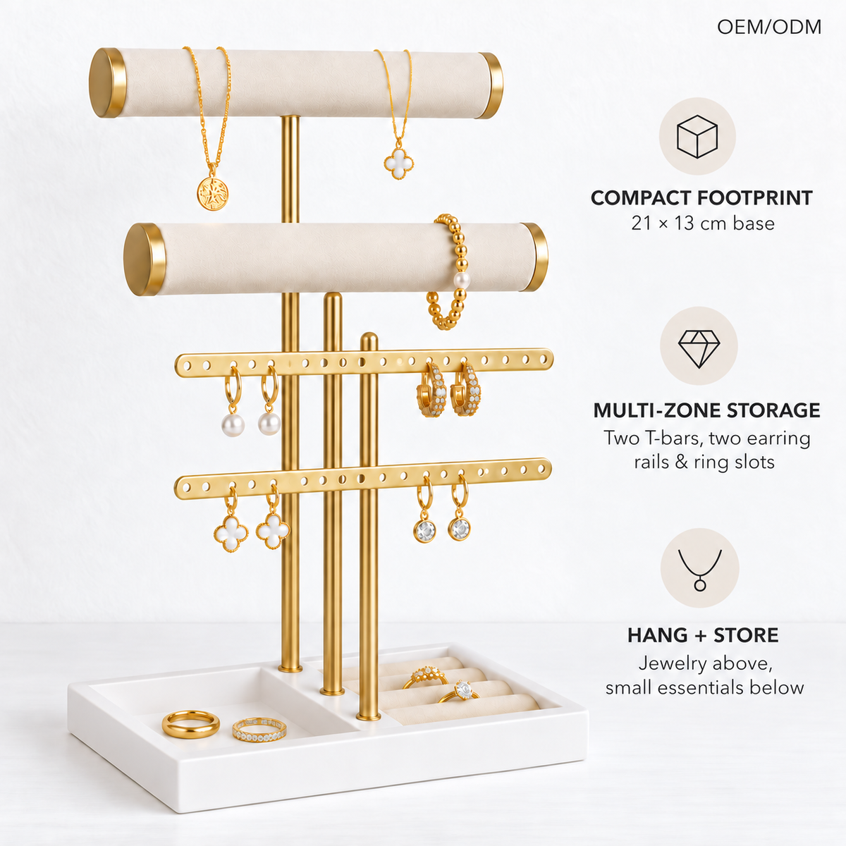 Custom Luxury 2-Tier Velvet T-Bar Jewelry Organizer Stand, Gold Metal Earring Bracelet Watch Necklace Holder with Ring Tray Base for Vanity Dresser