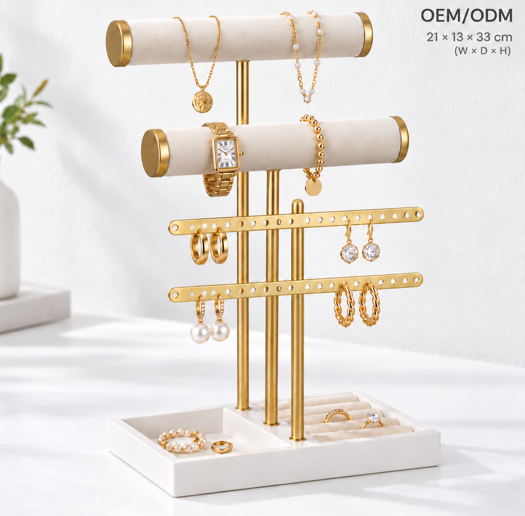 Custom Luxury 2-Tier Velvet T-Bar Jewelry Organizer Stand, Gold Metal Earring Bracelet Watch Necklace Holder with Ring Tray Base for Vanity Dresser