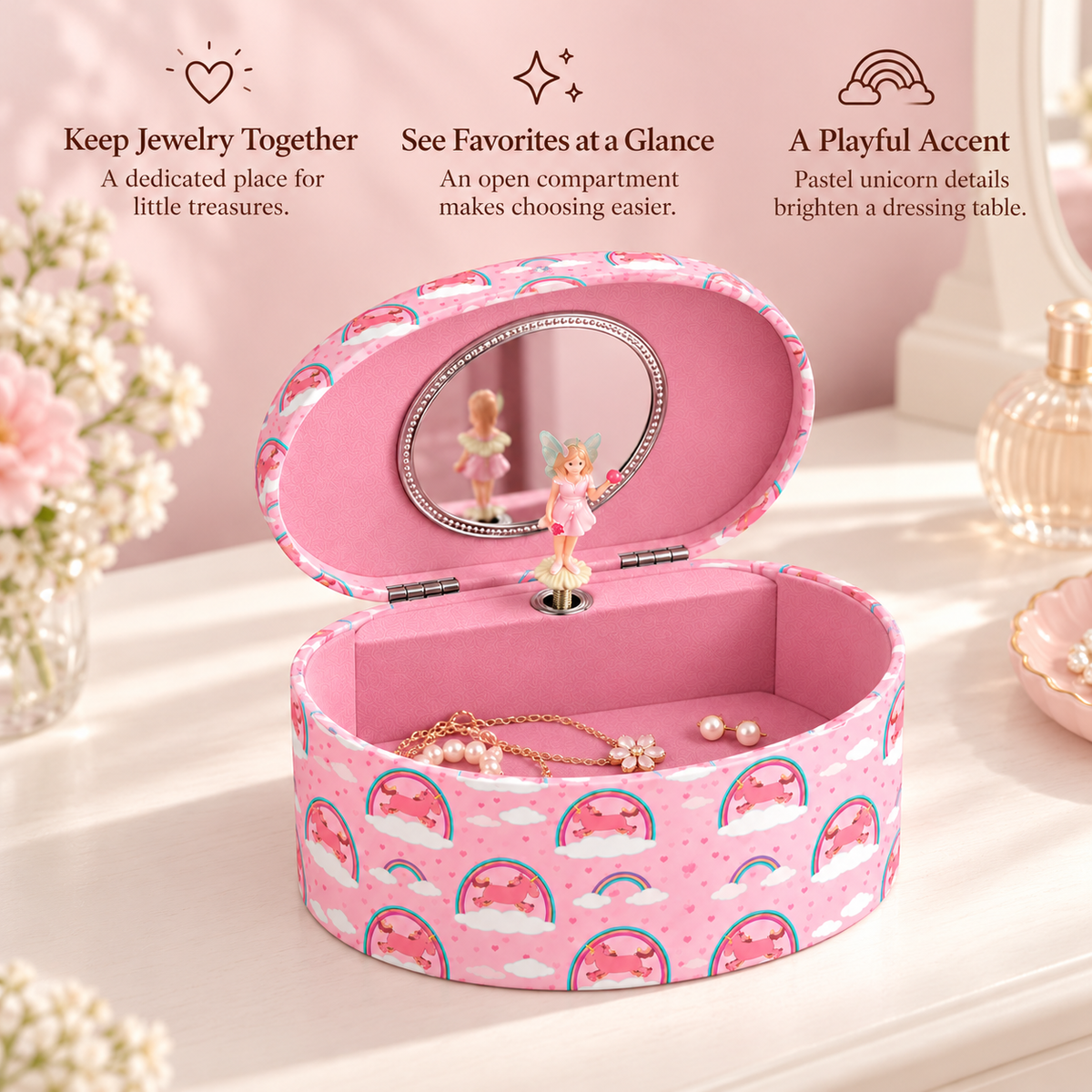oval musical jewelry box for girls
pink unicorn rainbow music box
compact spinning dancer keepsake
kids birthday gift music box
wholesale music box
