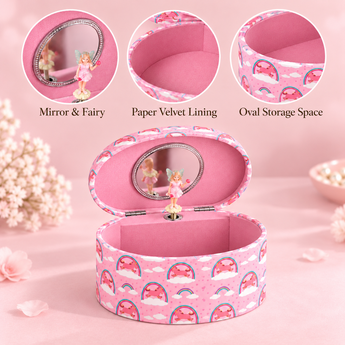 oval musical jewelry box for girls
pink unicorn rainbow music box
compact spinning dancer keepsake
kids birthday gift music box
wholesale music box
