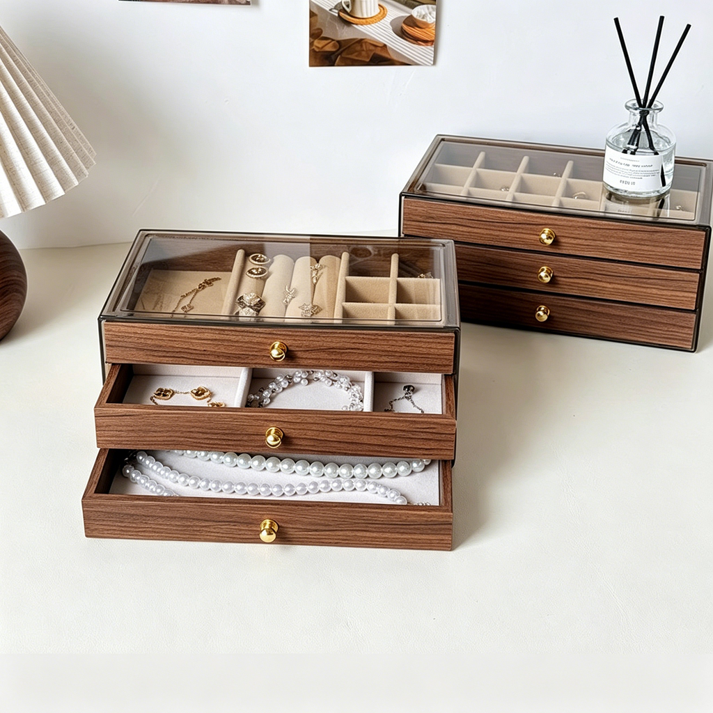 Walnut Wood Finish 3-tier Desktop Storage Organizer Jewelry Box
