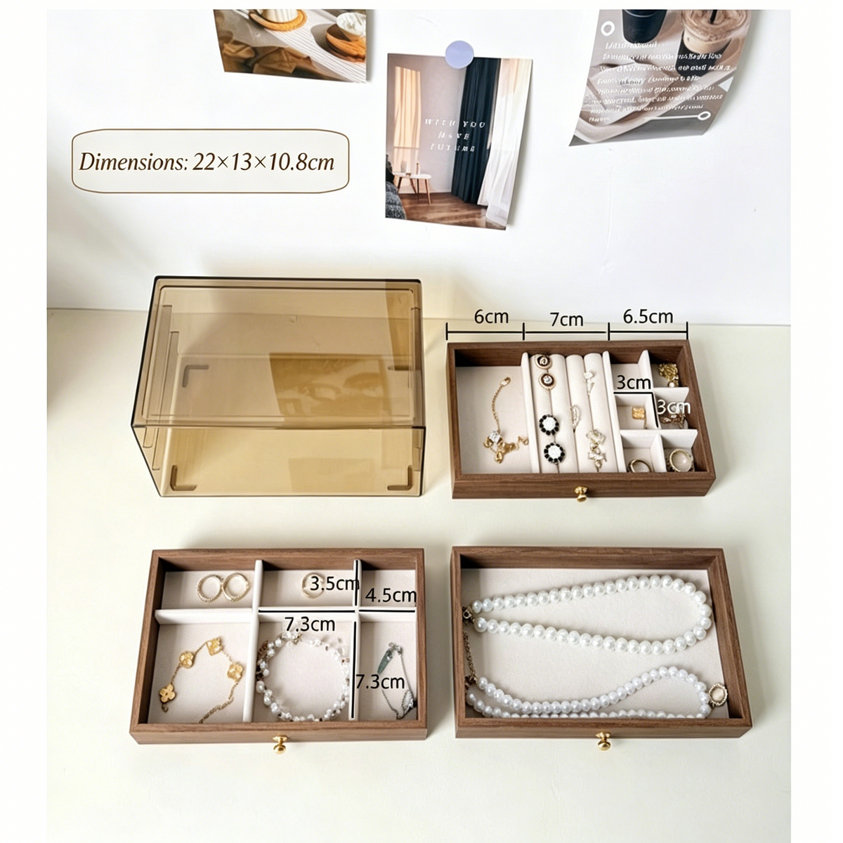 Walnut Wood Finish 3-tier Desktop Storage Organizer Jewelry Box