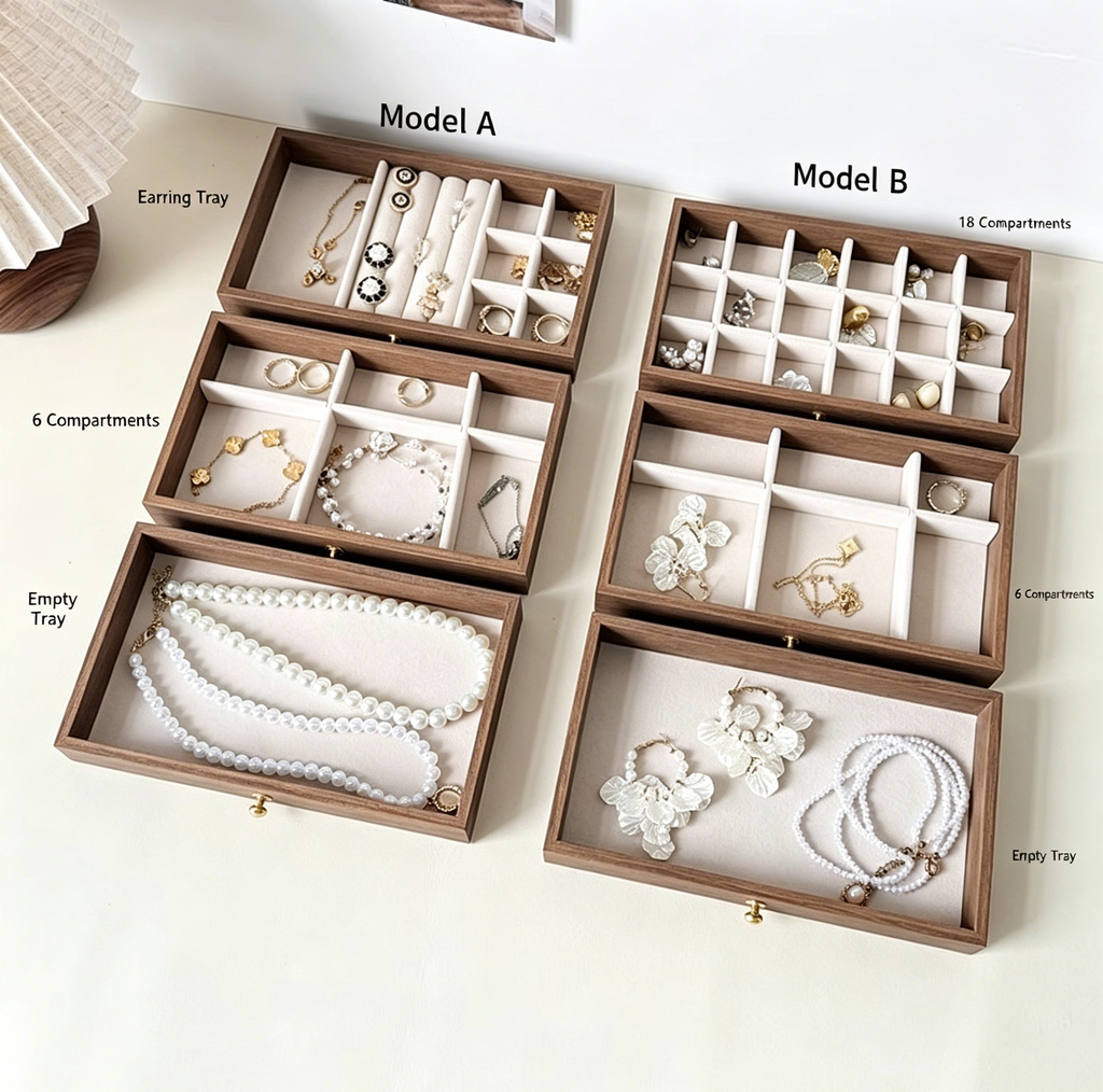 Walnut Wood Finish 3-tier Desktop Storage Organizer Jewelry Box