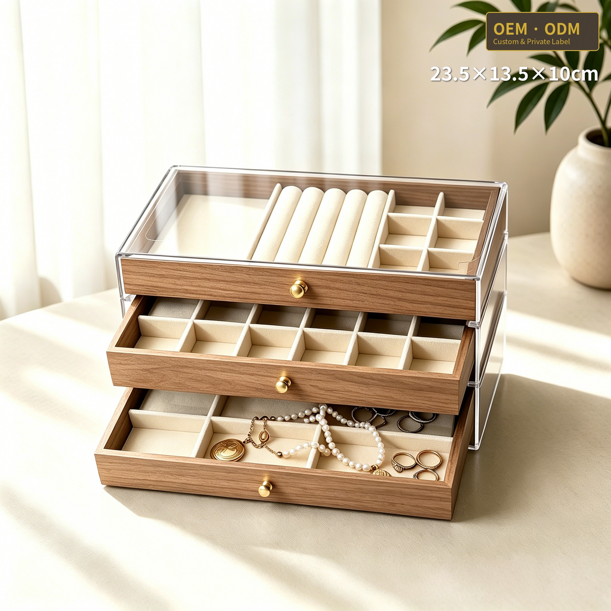 Walnut Wood Finish 3-tier Desktop Storage Organizer Jewelry Box