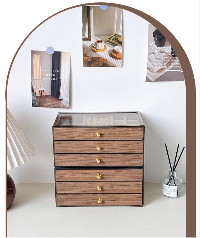 Walnut Wood Finish 3-tier Desktop Storage Organizer Jewelry Box