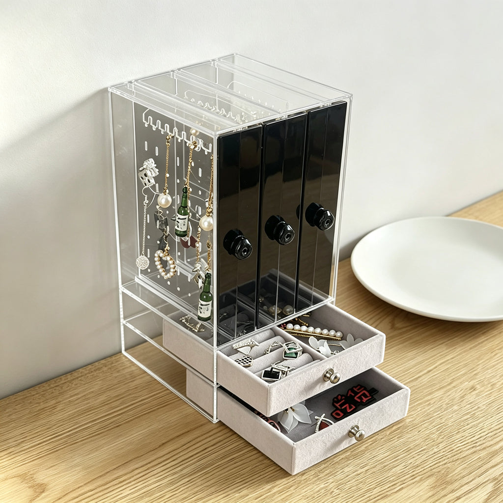 Acrylic Jewelry Organizer with 3 Necklace Stands and 2 Drawers, Clear Jewelry Display Case for Rings, Earrings & Necklaces
