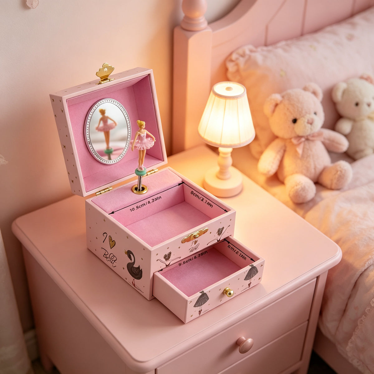 4inch Wooden Music Box with Drawer and Ballet Girl, Pink Rotating Ballerina Jewelry Box with Mirror