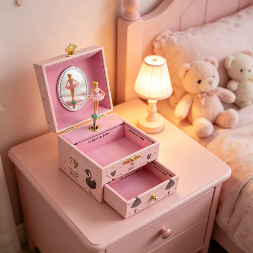 4inch Wooden Music Box with Drawer and Ballet Girl, Pink Rotating Ballerina Jewelry Box with Mirror