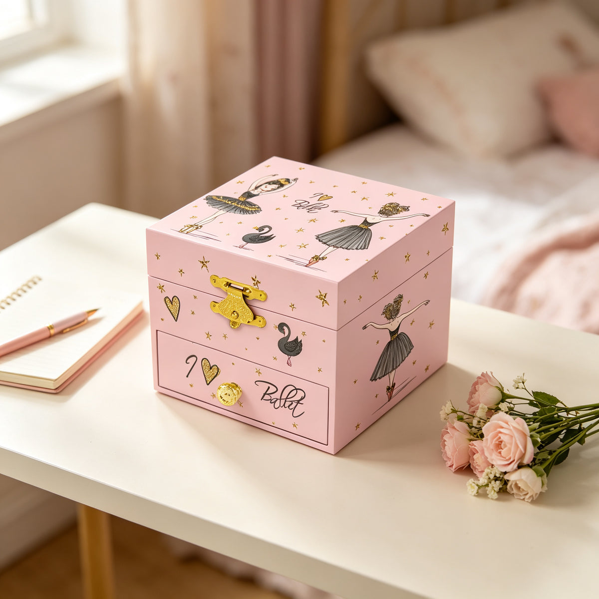 4inch Wooden Music Box with Drawer and Ballet Girl, Pink Rotating Ballerina Jewelry Box with Mirror