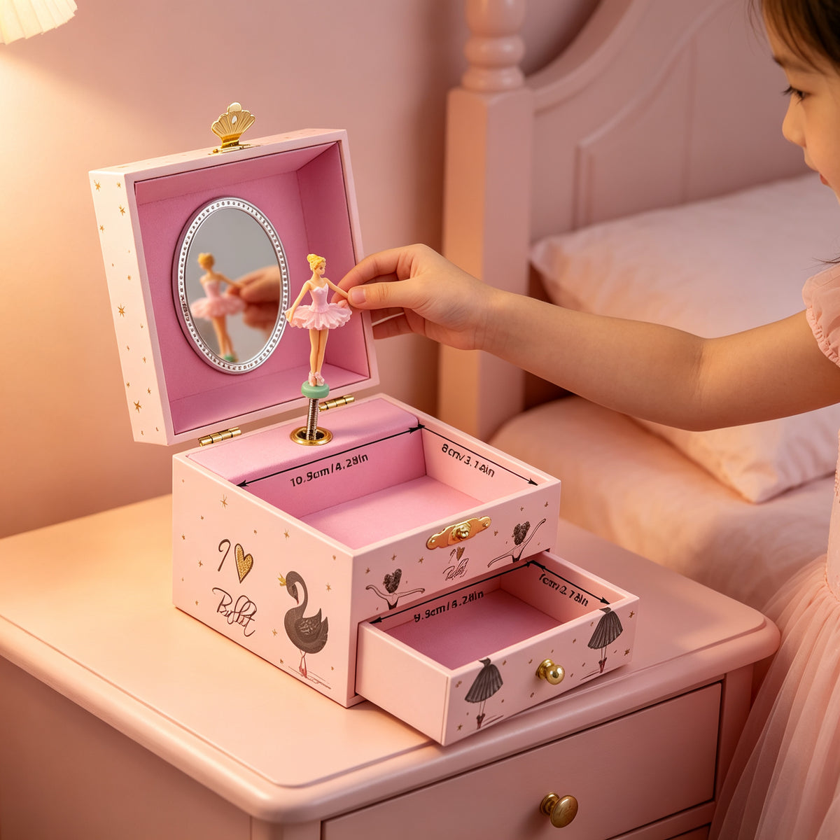 4inch Wooden Music Box with Drawer and Ballet Girl, Pink Rotating Ballerina Jewelry Box with Mirror