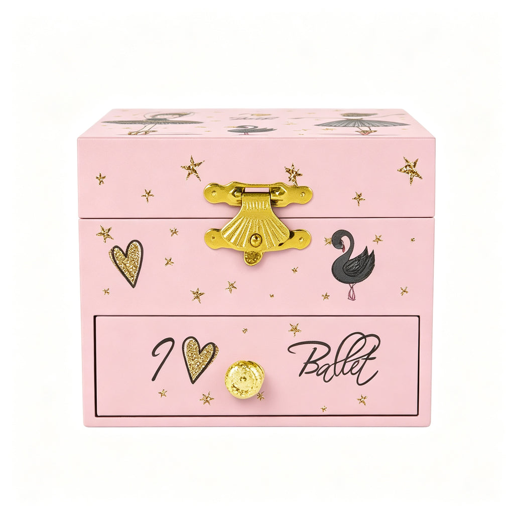 4inch Wooden Music Box with Drawer and Ballet Girl, Pink Rotating Ballerina Jewelry Box with Mirror