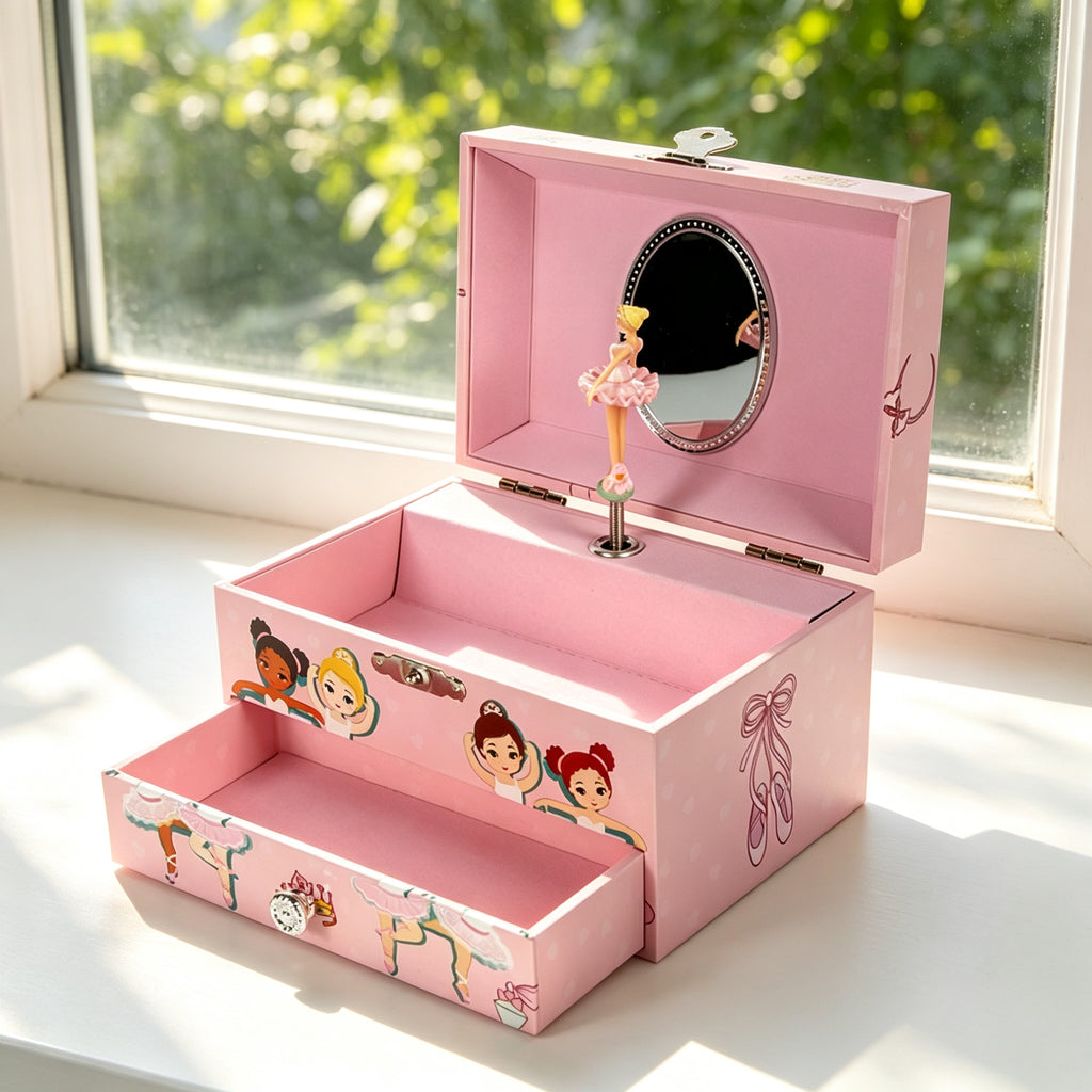 5inch Wooden Music Box with Drawer, Cartoon Ballet Girl Rotating Ballerina Jewelry Box, Pink Musical Keepsake Box for Girls Birthday Christmas Gift