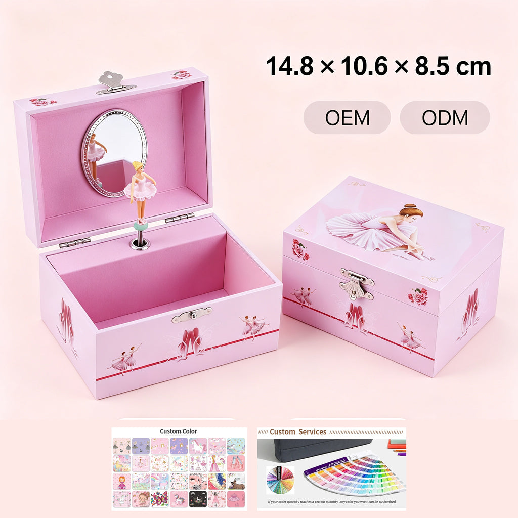 5inch Wooden Music Box with Mirror, Pink Rotating Ballerina Jewelry Box, Musical Keepsake Box for Girls Birthday Christmas Gift