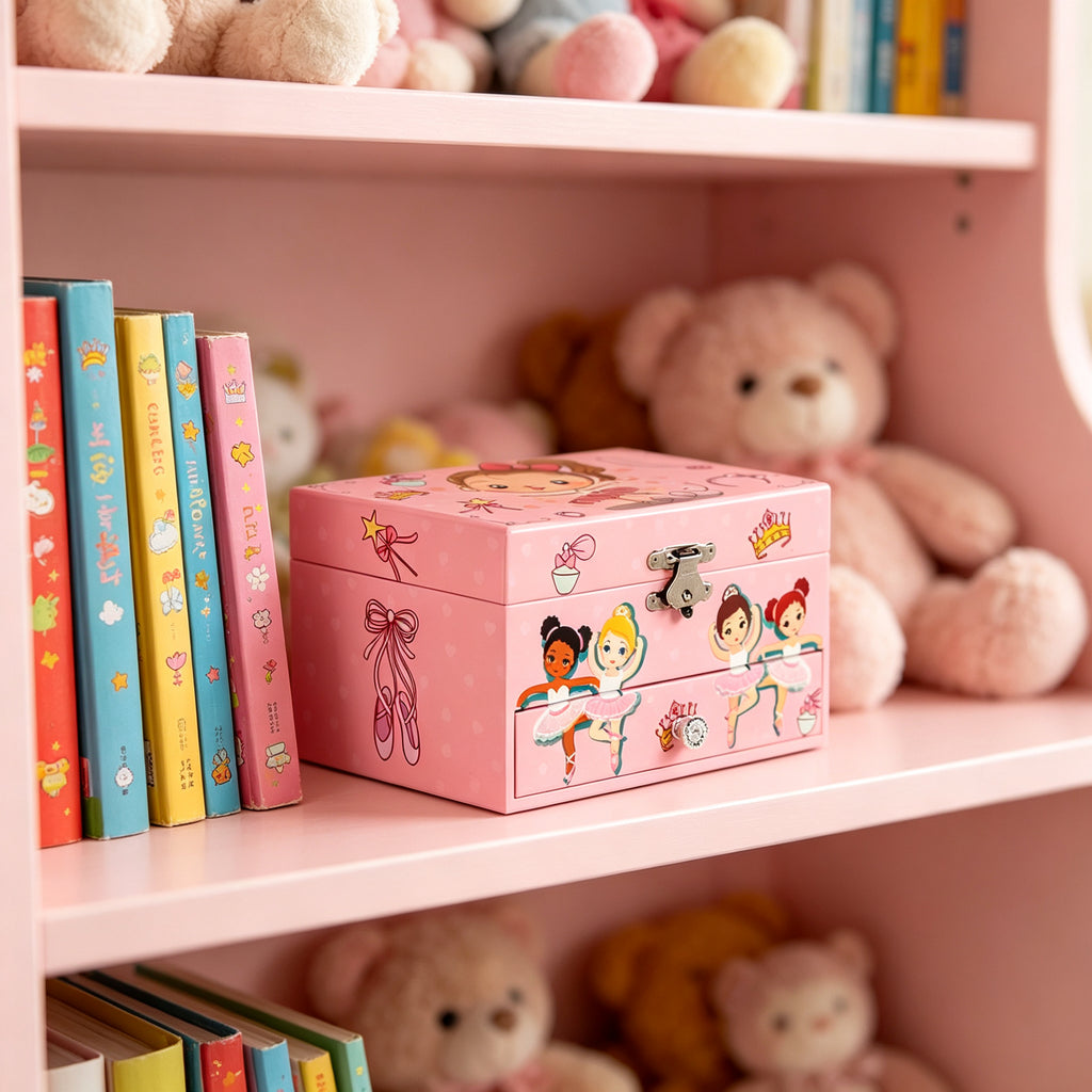 5inch Wooden Music Box with Drawer, Cartoon Ballet Girl Rotating Ballerina Jewelry Box, Pink Musical Keepsake Box for Girls Birthday Christmas Gift