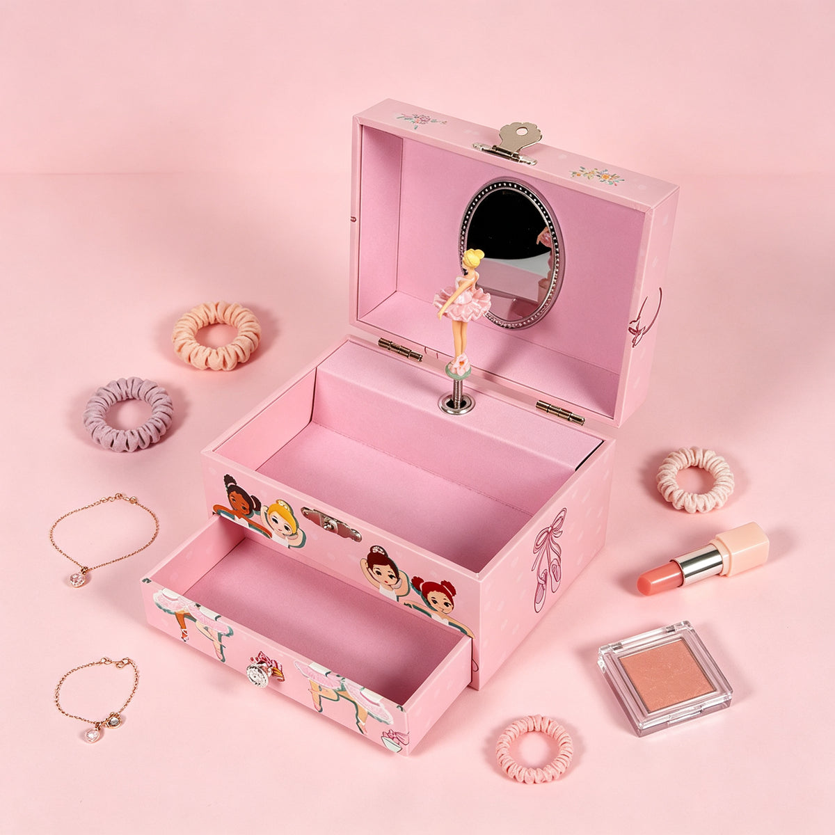 5inch Wooden Music Box with Drawer, Cartoon Ballet Girl Rotating Ballerina Jewelry Box, Pink Musical Keepsake Box for Girls Birthday Christmas Gift