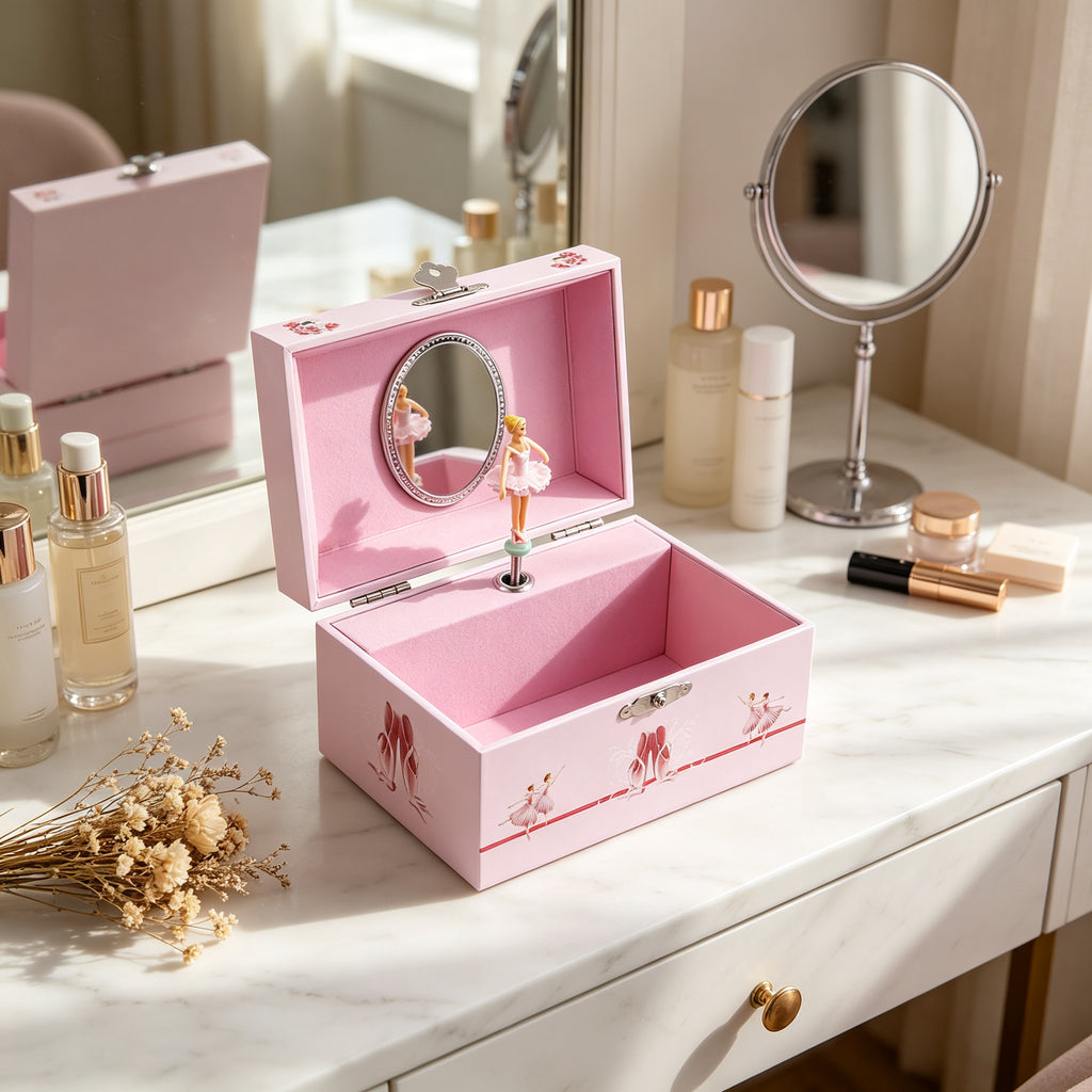 5inch Wooden Music Box with Mirror, Pink Rotating Ballerina Jewelry Box, Musical Keepsake Box for Girls Birthday Christmas Gift