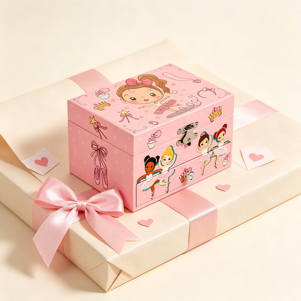 5inch Wooden Music Box with Drawer, Cartoon Ballet Girl Rotating Ballerina Jewelry Box, Pink Musical Keepsake Box for Girls Birthday Christmas Gift